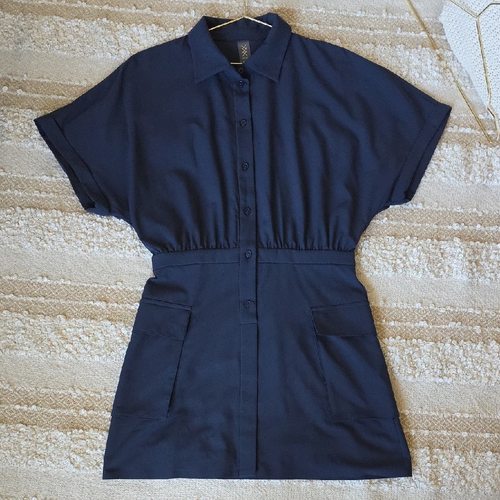 RHONE Navy Short-Sleeve Button Mini Dress with Pockets Medium